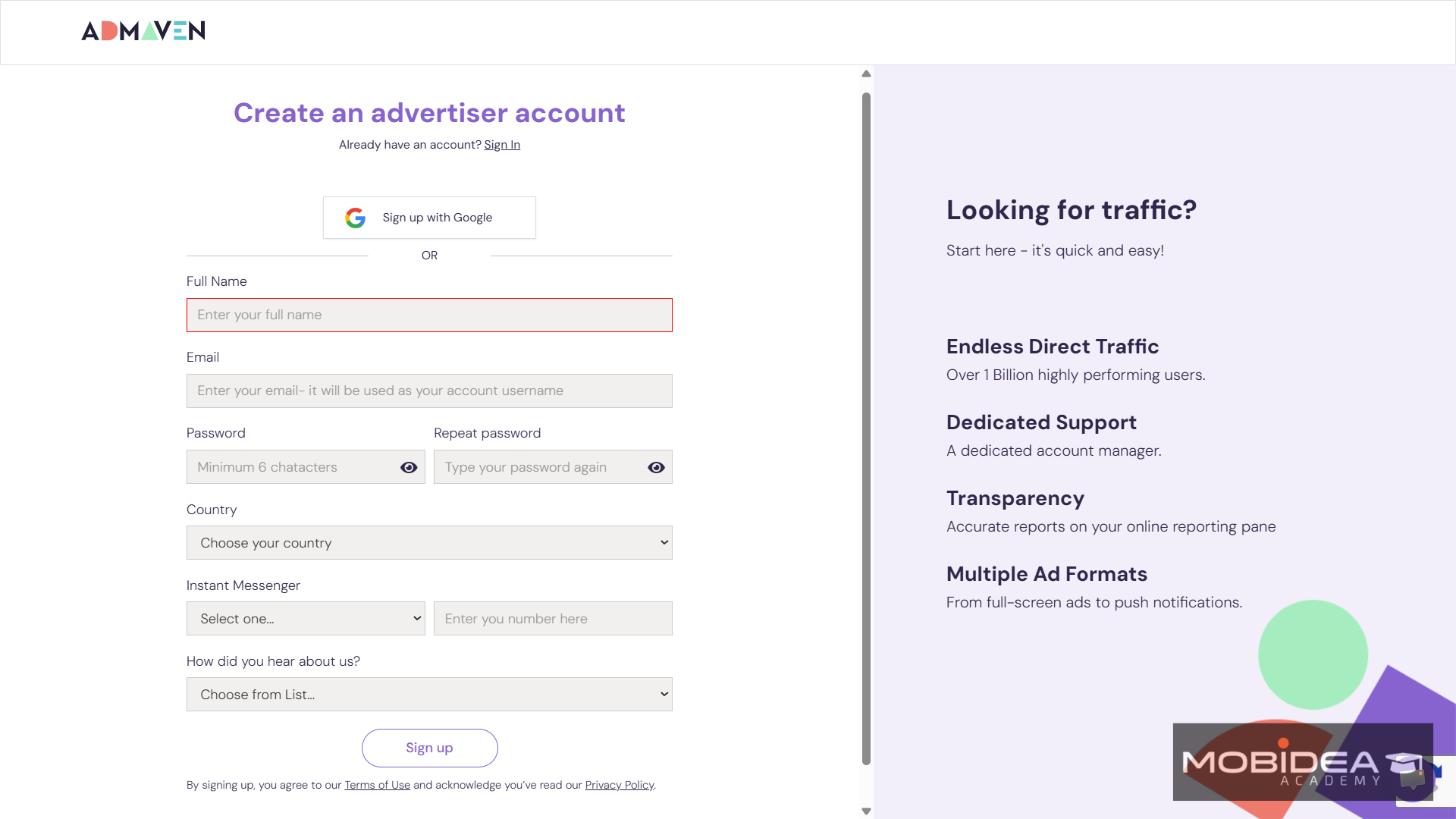 admaven sign up advertiser