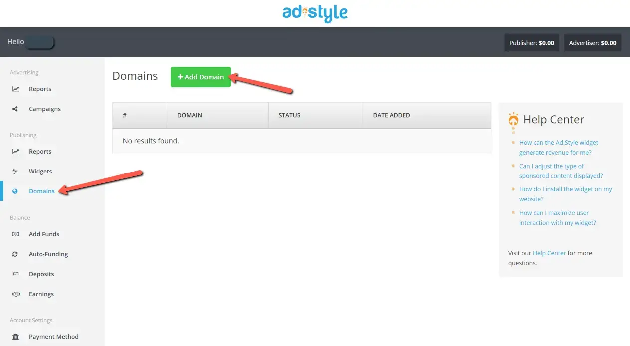 add domain as publisher on adstyle ad network