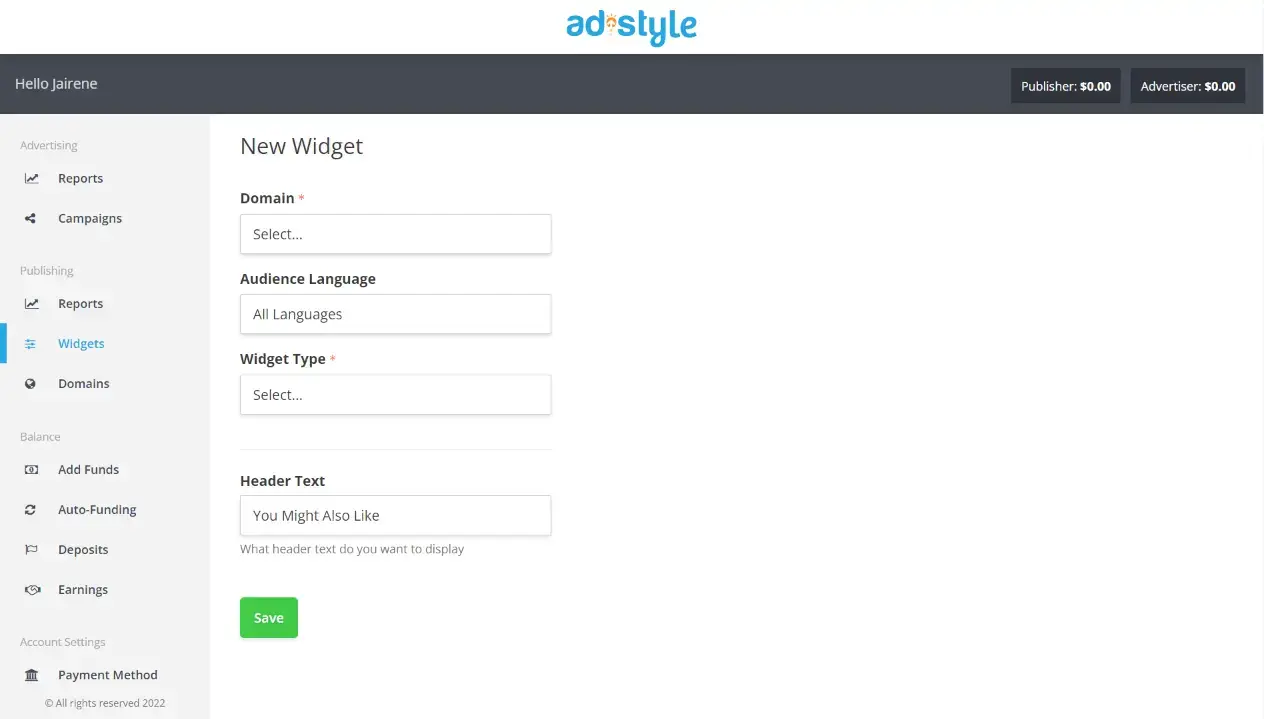 adding a website widget on adstyle ad network 2