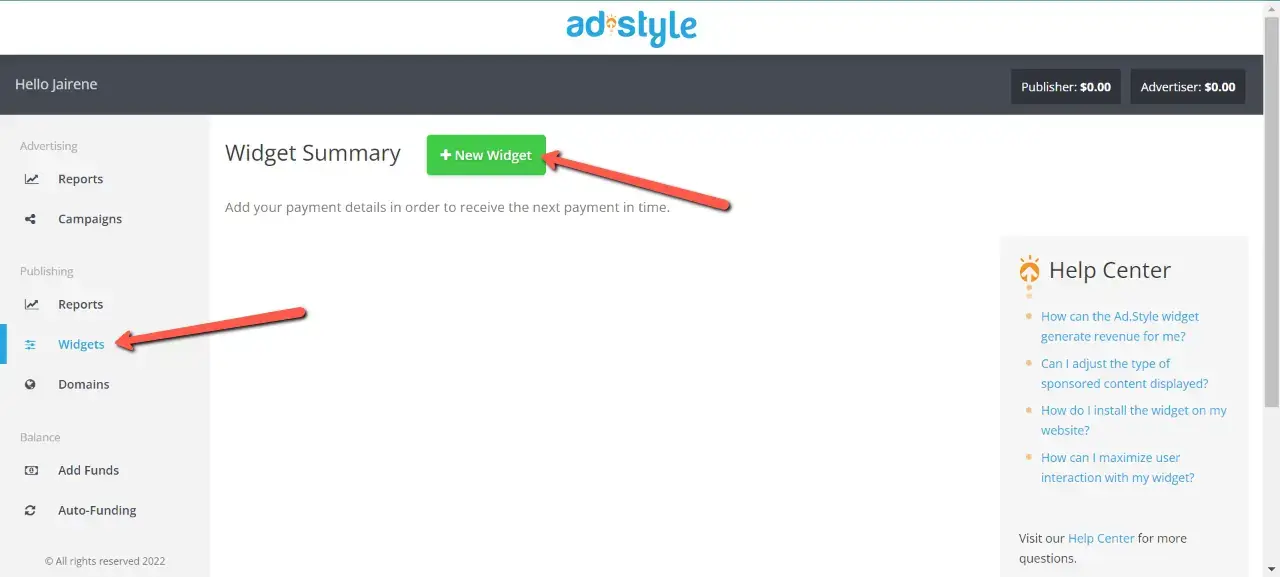 adding a website widget on adstyle ad network