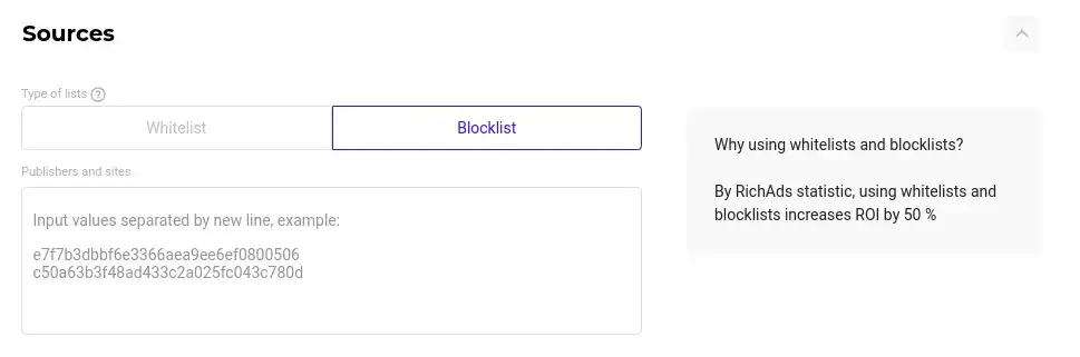 sources whitelists and blacklists on richpush