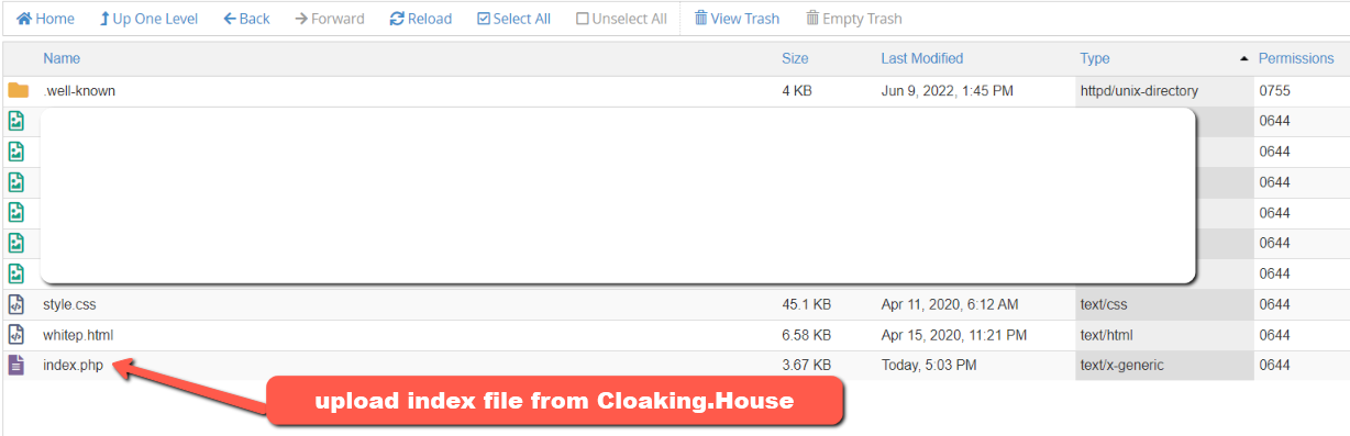 upload index from cloaking house to webpage