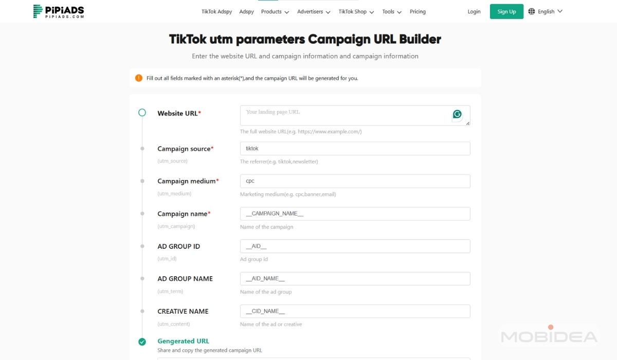 pipiads TikTok utm parameters Campaign URL Builder