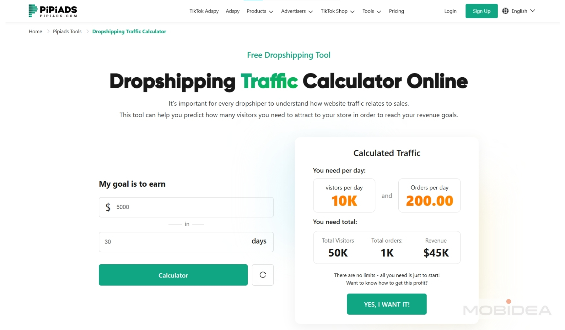pipiads traffic calculator