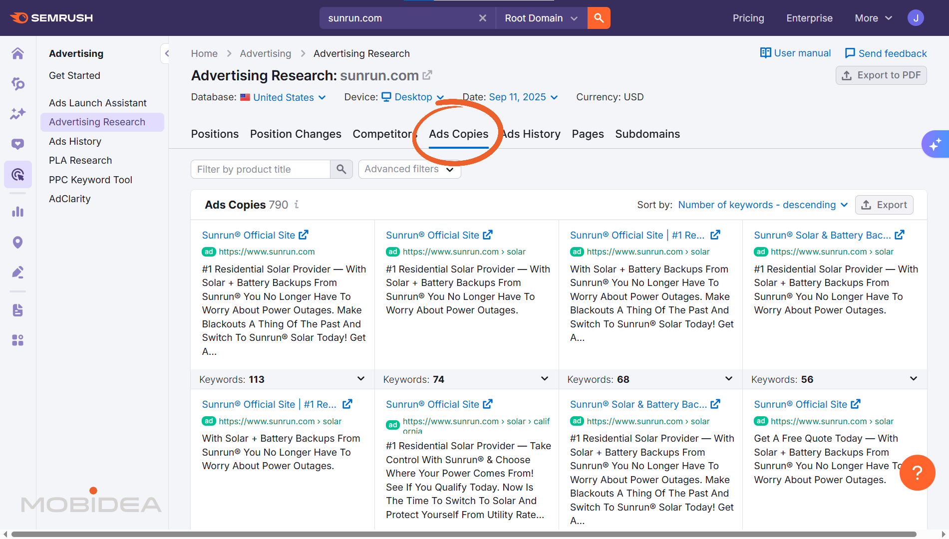 semrush advertising research ad copies