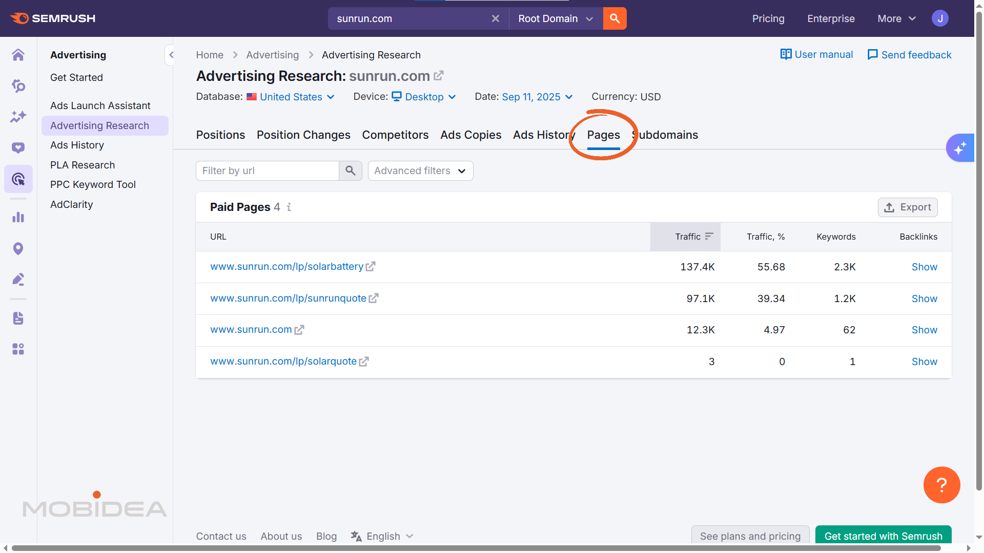 semrush advertising research pages