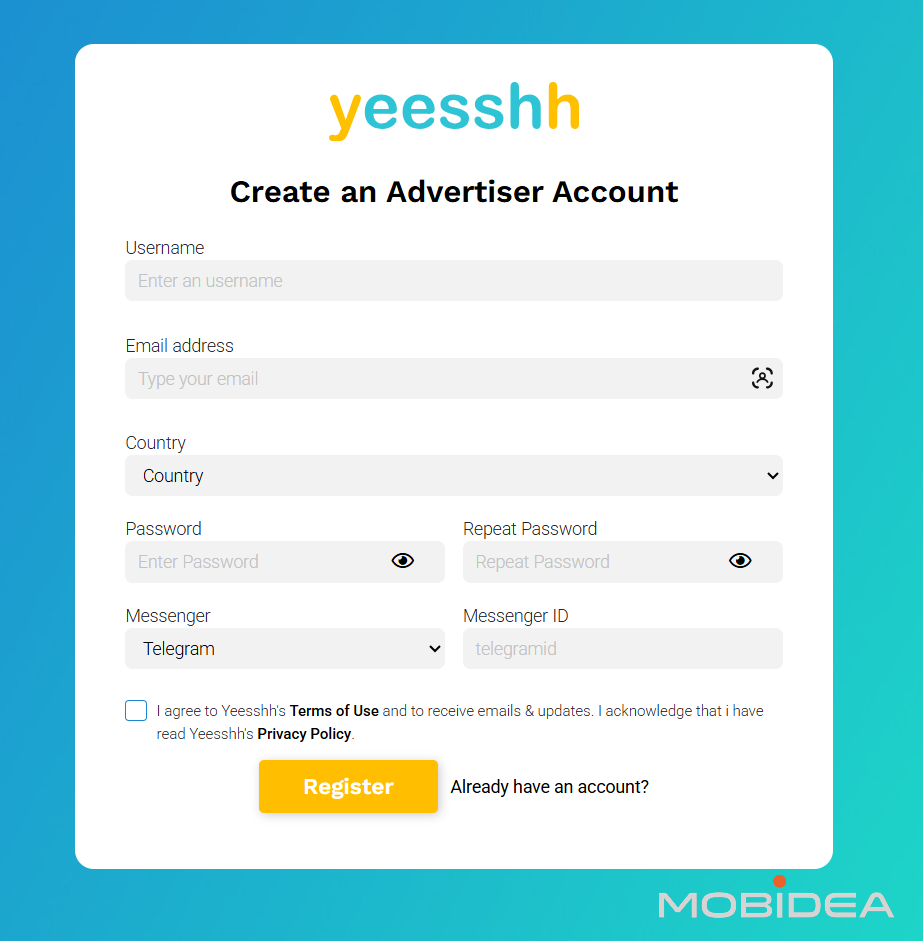 yeesshh advertiser sign up