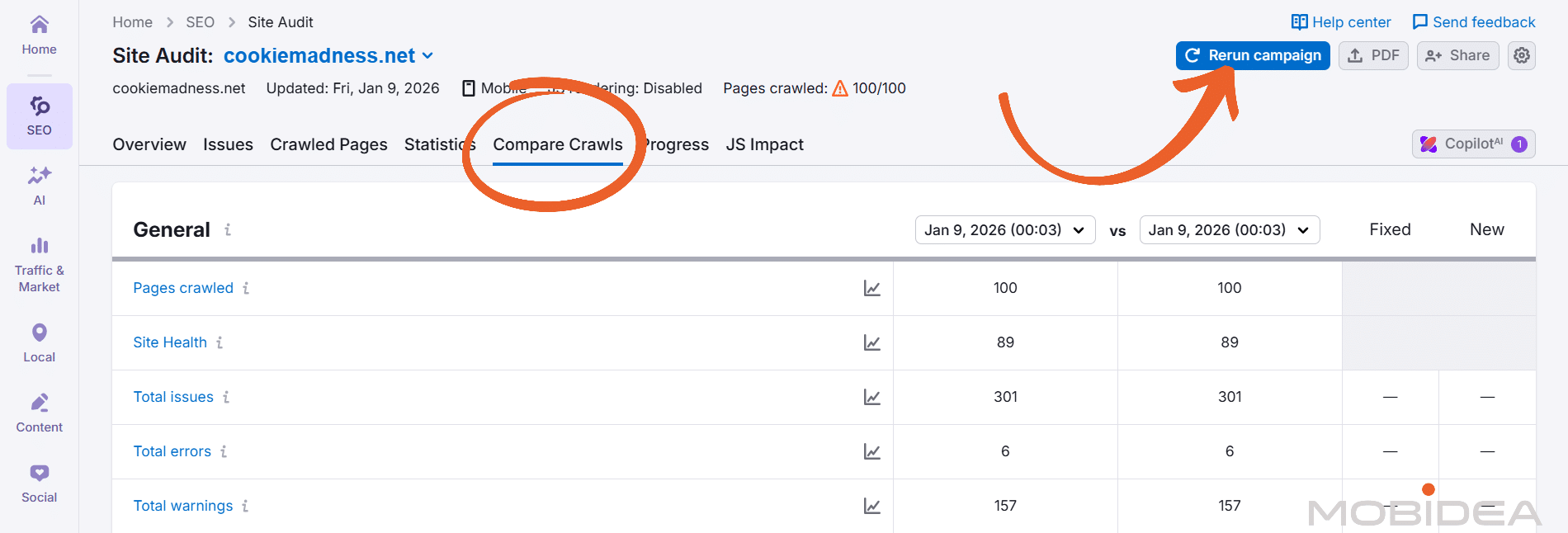 semrush site audit compare crawls