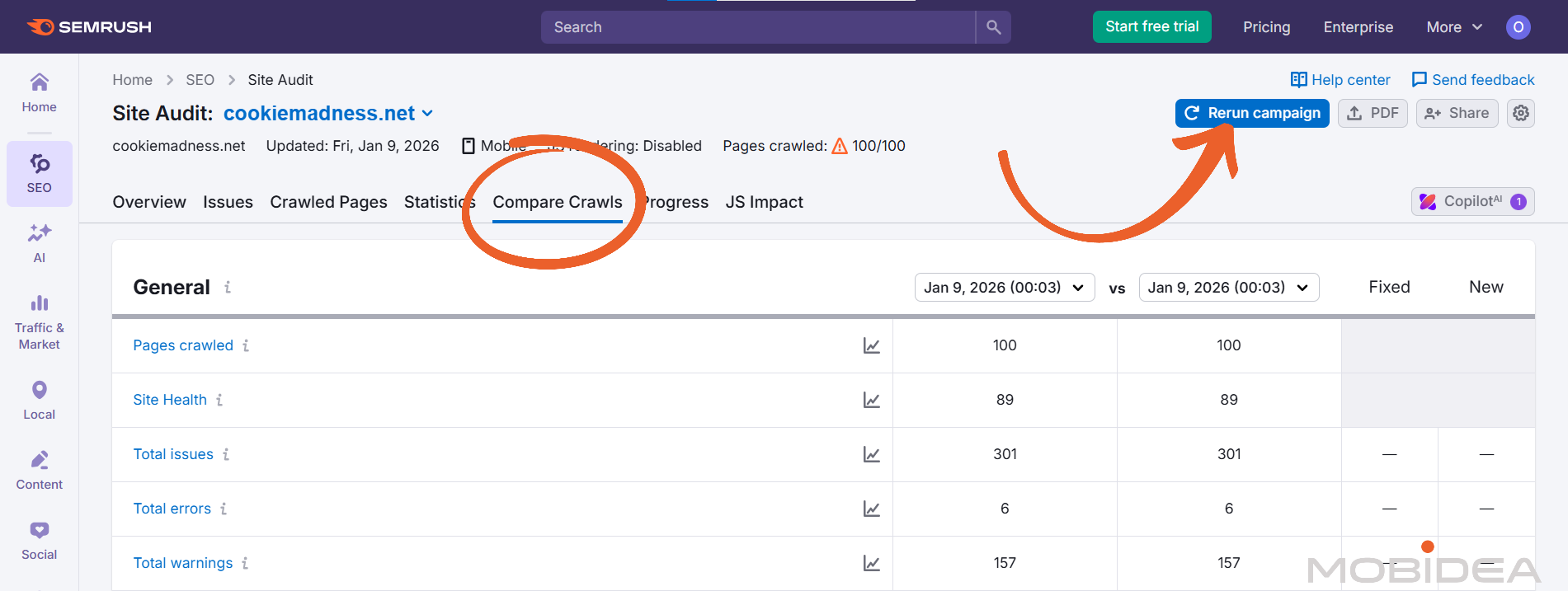 semrush site audit compare crawls