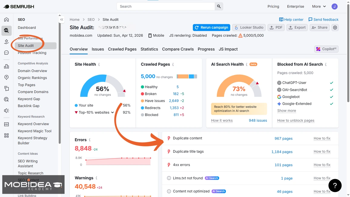 semrush one site audit