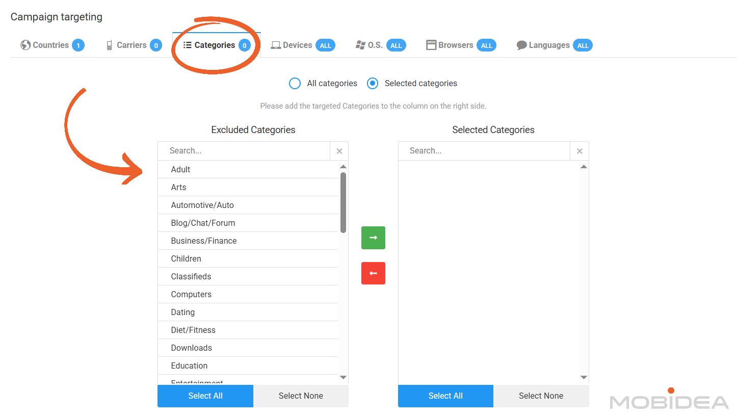 popcash targeting categories